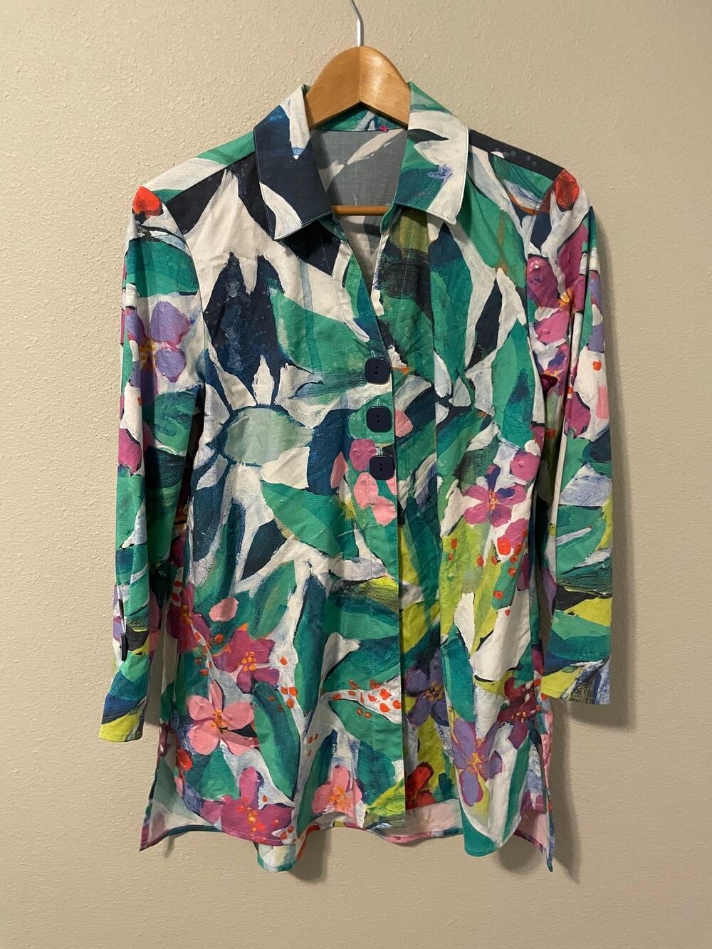 Womens Tunic Top Large Multicolor Floral Button Up 3/4 Sleeve Boho Artsy